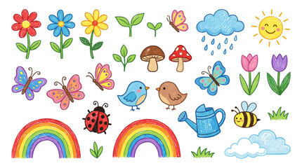 A vibrant collection of colorful cartoon illustrations depicting various elements of spring and nature, including flowers, butterflies, birds, and weather symbols.