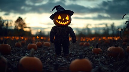A scarecrow-like figure with a carved pumpkin head and pointed witch hat stands in a field full of pumpkins under a dramatic sunset sky with bats flying. Generative by AI