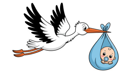 A cartoon stork flying through the sky delivering a new baby boy in a light blue sack