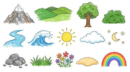 Naklejka premium A collection of colorful hand-drawn natural elements including mountains, hills, trees, bushes, rivers, waves, sun, clouds, moon, stars, rocks, grass, flowers, an island, and a rainbow.