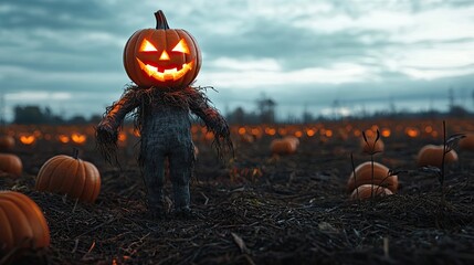 A scarecrow-like figure with a carved pumpkin head and pointed witch hat stands in a field full of pumpkins under a dramatic sunset sky with bats flying. Generative by AI