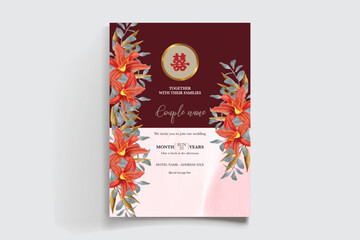 WEDDING INVITATION FRAME WITH FLOWER DECORATIONS AND FRESH LEAVES