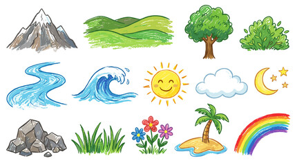 Naklejka premium A collection of colorful hand-drawn natural elements including mountains, hills, trees, bushes, rivers, waves, sun, clouds, moon, stars, rocks, grass, flowers, an island, and a rainbow.
