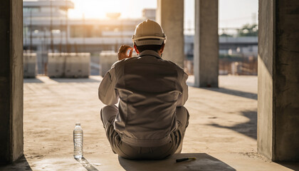 建設現場で休憩する日本人作業員の後ろ姿