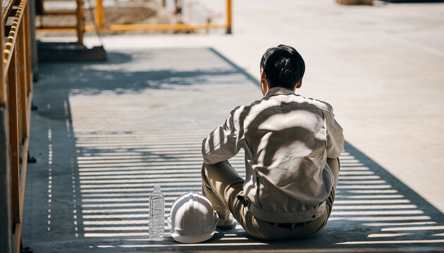 建設現場で休憩する日本人作業員の後ろ姿