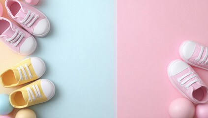 Pastel-colored baby shoes on a split-toned background