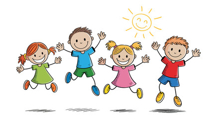 A cheerful group of doodle children jumping happily together on a sunny day