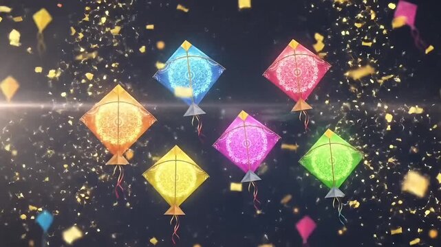 Makar Sankranti colorful glowing kite patang festival video motion animated footage animation showing bright sparkling Indian celebration during Uttarayan season with vibrant harvest mood and joyful 
