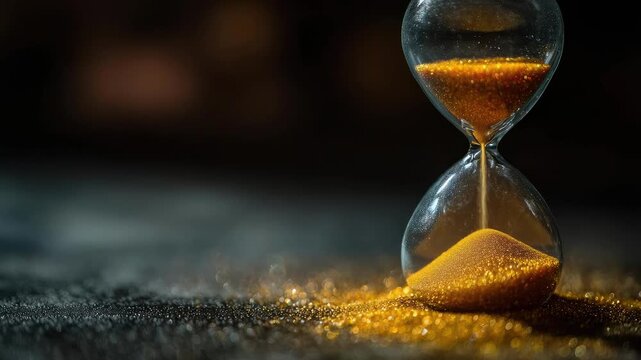 An hourglass with golden sand slowly flowing from the top chamber to the bottom.