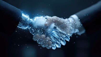 Digital handshake between human and robot, symbolizing AI integration