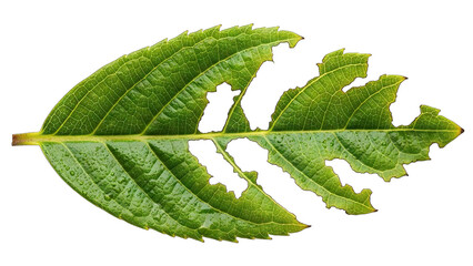 Close-up of a damaged green leaf with holes showing insect feeding patterns on a white background.