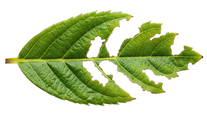 Close-up of a damaged green leaf with holes showing insect feeding patterns on a white background.