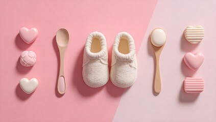Baby girl items arranged on a pink background