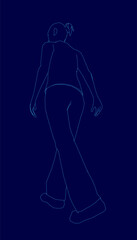 A determined woman walks with purpose in a blue contour drawing. Her hair is in a neat bun and her limbs are outstretched in a dynamic walking pose against a solid blue background.