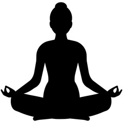 Black silhouette of a female doing yoga or meditation in the lotus position isolated on a transparent background