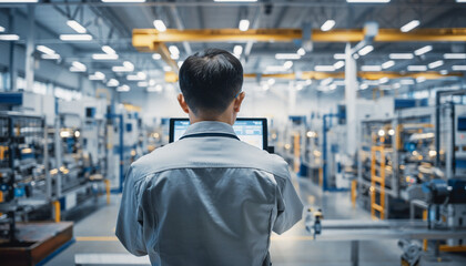 工場内でタブレットを操作する日本人作業員の後ろ姿