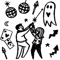 Fototapeta premium Joyful couple dancing under disco balls and stars, surrounded by playful party elements