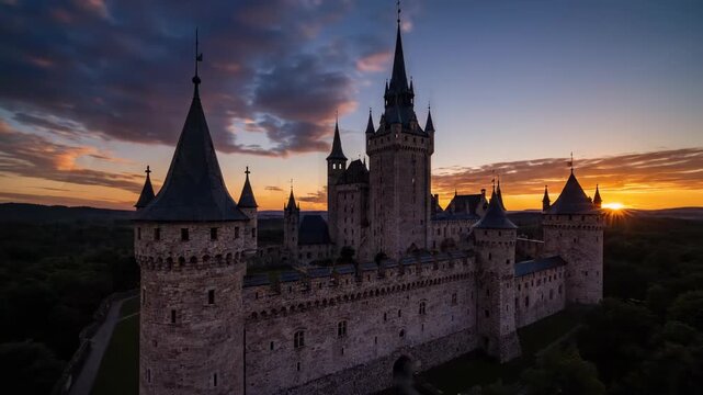 Accelerated time-lapse movement of dramatic shadows and sunlight crossing the turret spires and parapets of an imposing structure deep inside a lush green forest sunlight, spires, wilderness
