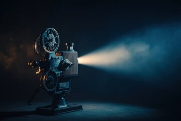 Naklejka premium Vintage film projector, spotlight, dark studio