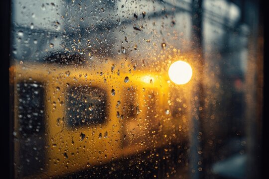 Rainy train window view with a bright light and blurred yellow carriage