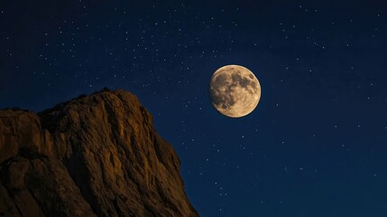 Full moon and star trails over snow-covered mountain at night. Long exposure captures motion of stars around clear night sky. Generative by AI