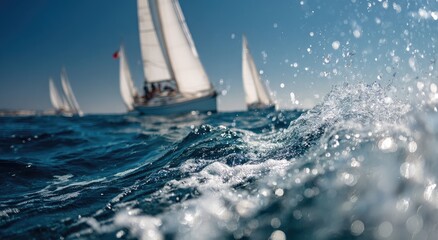 Sailboats race across choppy blue water under a bright sky
