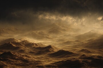 Turbulent, hazy ocean waves under a dramatic, dark, stormy sky
