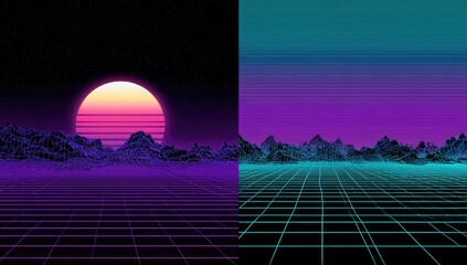 Split screen retro-futuristic landscape with neon grid and mountain range