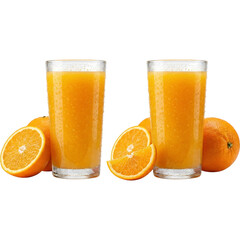 Two Glasses of Fresh Squeezed Orange Juice with Sliced Oranges, Isolated on White