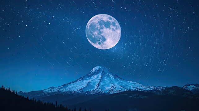 Full moon and star trails over snow-covered mountain at night. Long exposure captures motion of stars around clear night sky. Generative by AI