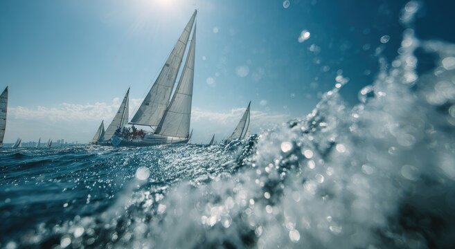 Sailboats race on a sunny, choppy ocean with a close-up view of spray - Powered by Adobe