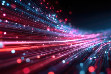 Abstract streams of glowing red and blue particles flow