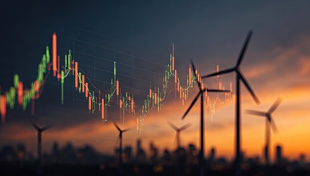 Wind turbines and stock market chart at sunset, representing green energy investments - Powered by Adobe