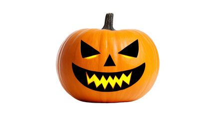 Fototapeta premium Halloween pumpkin carved face orange scary glowing autumn spooky decoration holiday isolated Halloween pumpkin with carved scary face and glowing yellow eyes and mouth orange color isolated white
