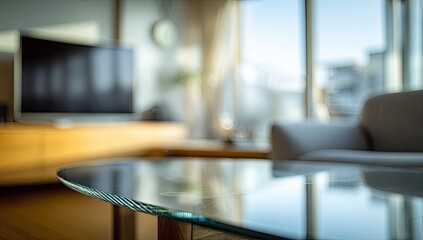 Bright living room with glass table in foreground, sofa and TV in background
