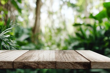 Wooden tabletop, lush green background