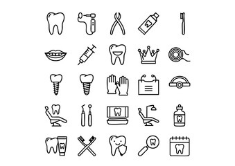Comprehensive Dental Care Icon Set, Vector Collection: Tools of the Modern Dentist, Black and White Outline Icons: Oral Health & Treatment