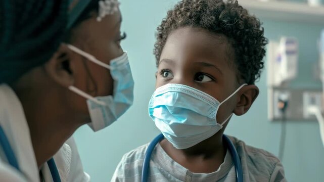 A healthcare professional assisting a young patient in a hospital room