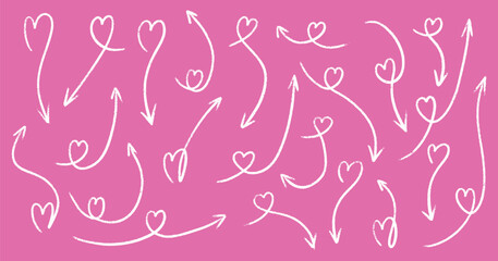 Hand drawn crayon hearts arrows and pointers in red marker style. Chalk sketch with pencil doodles, rough brush strokes and scribble textures. Romantic Valentine elements for creative designs.