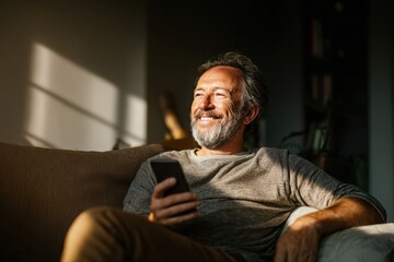 Fototapeta premium Happy man relaxing on sofa while using smartphone