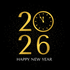 2026 Happy New Year with clock typography poster. Vector template for banner, sign, greeting card, invitation, etc.