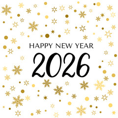 Happy New Year greeting card. Hand written numbers 2026. Gold Holidays pattern with gold snowflakes and dots. Typography poster. Vector template for your design projects.
