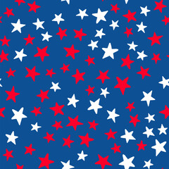 USA patriotic seamless pattern. American traditional backdrop.  Red white stars on blue background. Vector template for fabric, textile, wallpaper, wrapping paper, etc.