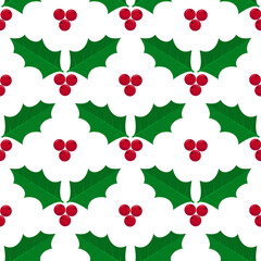 Christmas seamless pattern with holly berries and leaves. Cute seasonal background.  Vector template for fabric, textile, wallpaper, wrapping paper, etc.