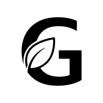 A minimalist black and white letter g logo design incorporating a natural leaf symbol isolated on transparent background