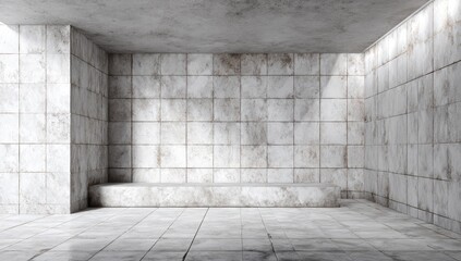 Stark, tiled interior with diffused light creating atmospheric shadows
