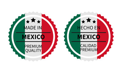Made in Mexico round labels in English and in Spanish languages. Quality mark vector icon. Perfect for logo design, tags, badges, stickers, emblem, product package, etc.