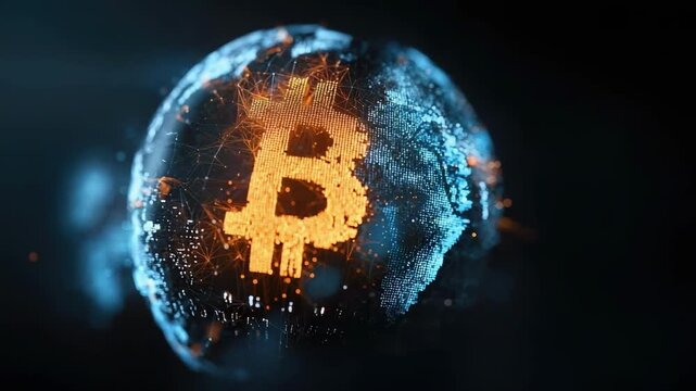 A digital sphere with a glowing Bitcoin logo, symbolizing cryptocurrency and blockchain technology.