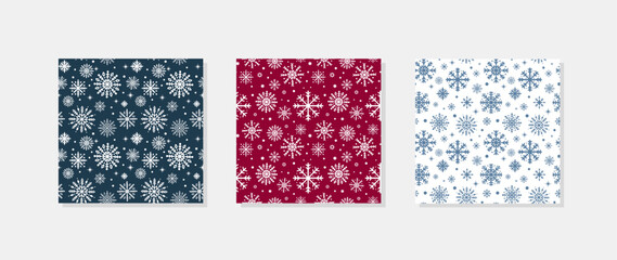Set of 3 snowflakes seamless pattern. Christmas or winter background. Vector template for wrapping paper, fabric, wallpaper, scrapbooking, etc.