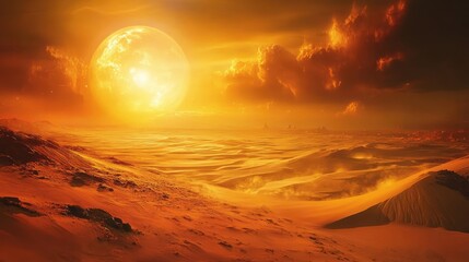 Desert landscape illuminated by intense sunset with golden-red sand dunes, scattered rocky formations, and dramatic clouds glowing from low sun on horizon, casting long shadows. Generative by AI